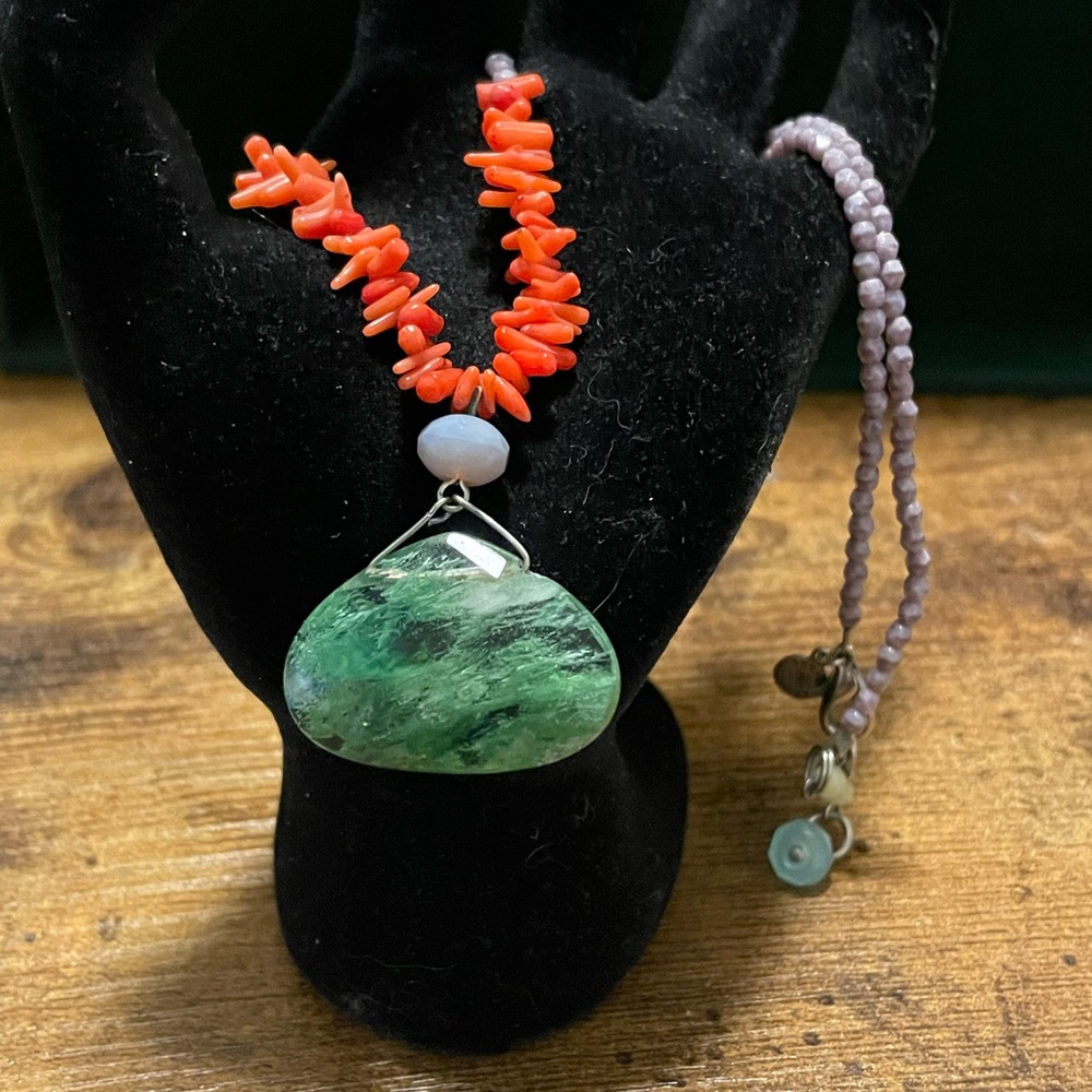 Vibrant David Aubrey Green and Coral Necklace with Gemstone Pendant